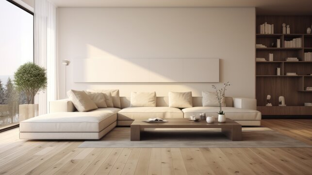 Interior of modern living room with white sofa and wooden floor, 3d render Generative AI