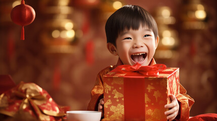 Vibrant Celebration of Chinese New Year : Excited boy holding red gift box
