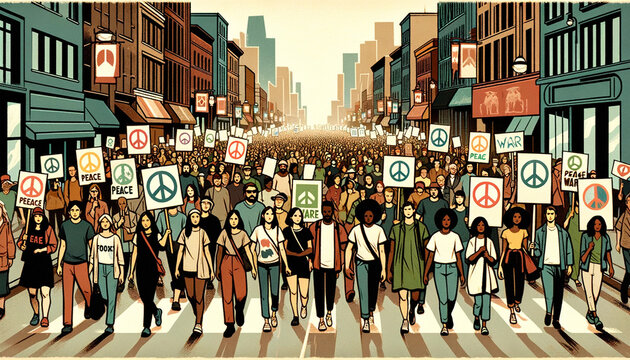 Group Of Multiracial Peace Activists Walking On The Street Holding Posters And Banners - Diverse Crowd Of Antiwar People Protesting Against War