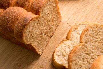 Sliced white Bread on the bamboo desk background, homemade bakery concept