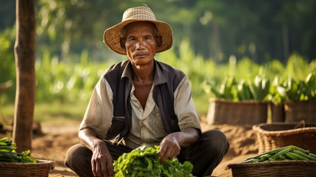 Portrait of Asian farmer in his organic vegetable garden, Thailand. Generative AI