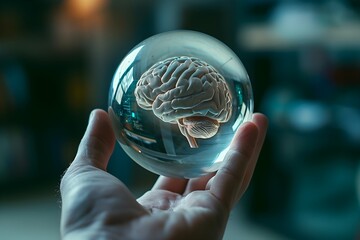 hyper realistic photo of a human hand holding a transparent glass ball, the glass ball contains a human brain