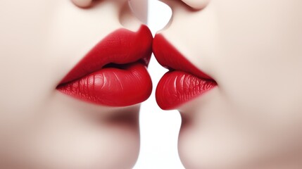 Closeup of two female lips with red lipstick. Isolated on white background. Generative AI