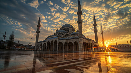 The Sultan Ahmed Mosque in Istanbul, Turkey at sunset. The mosque is one of the most popular...