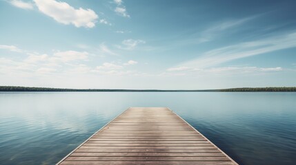 Wooden pier on the lake in summer day. Beautiful landscape. Generative AI