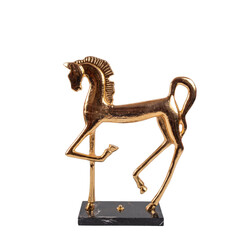 decorative ancient horse figure metal statue on marble stone isolated on white