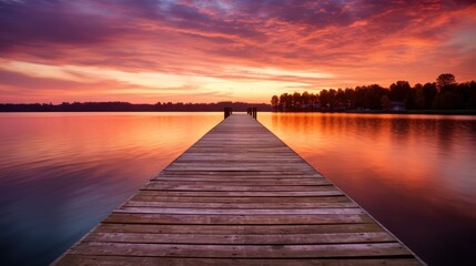 Wooden pier on lake at sunset. Beautiful summer landscape with a wooden pier. Generative AI
