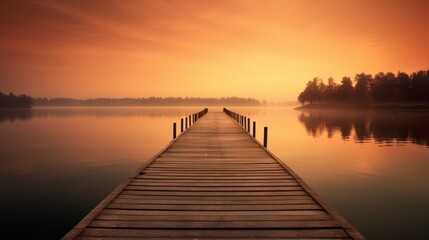 Wooden pier on the lake at sunrise. 3d render. Generative AI