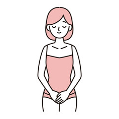 デリケートゾーン・下腹部に手を当てて微笑む若い女性のシンプルイラスト　ピンク