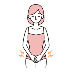 性器・子宮・下腹部が痛む若い女性のシンプルイラスト　ピンク