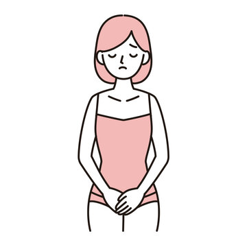 膣・股・不妊など 　下腹部痛やデリケートゾーンのトラブルに悩む女性のシンプルイラスト　ピンク