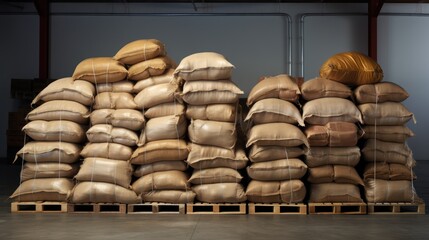 Large brown sacks on wooden pallet in warehouse. 3D rendering Generative AI