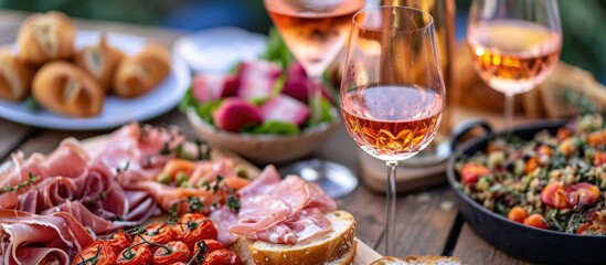 Obraz na płótnie Canvas Mediterranean snacks and rose wine accompanied by various appetizers.