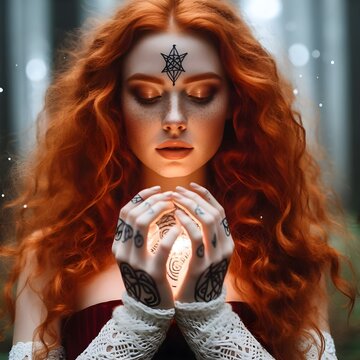 Ginger hair lady eyes closed praying with magical runes 