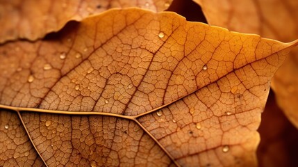 Macro shot of autumn leaf with water droplets. Autumn background. Generative AI
