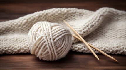 Knitting needles and ball of yarn on wooden background. Selective focus. Generative AI