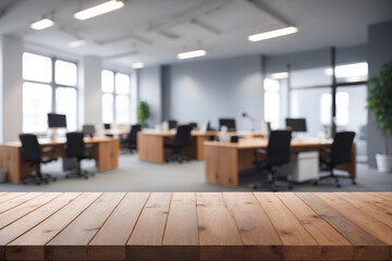 Wooden tabletop with blurred business office background