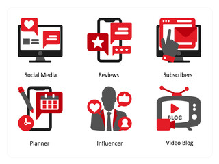 Six social icons in red and black as social media, reviews, subscribers