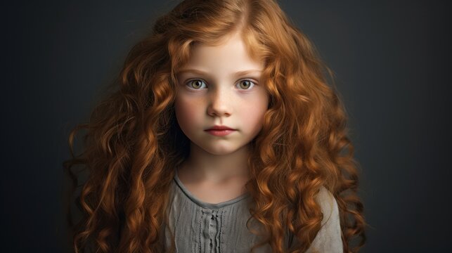 Portrait of a beautiful little girl with long curly red hair. Generative AI
