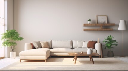 Interior of living room with beige sofa, coffee table and bookshelf. 3d render Generative AI