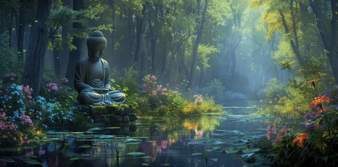  buddha seated on the water in the forest with flowers © Kien