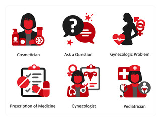 Six medical icons in red and black as cosmetician, ask a question, gynecologic problem