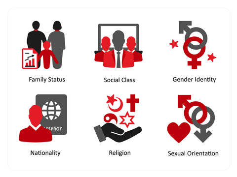 Six gender icons in red and black as family status, social class, gender identity