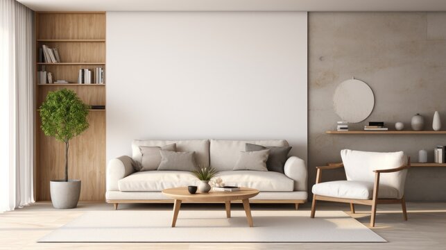 Interior of modern living room with beige walls, wooden floor, comfortable white sofa standing near round coffee table and bookshelves. 3d rendering Generative AI