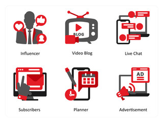 Six social icons in red and black as influencer, video blog, live chat