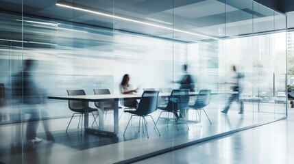 Fototapeta na wymiar Business people walking in a modern meeting room with glass walls, panoramic windows and a long table with chairs. Toned image double exposure blurred Generative AI