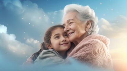 grandmother and granddaughter hugging over blue sky with white clouds background. Generative AI