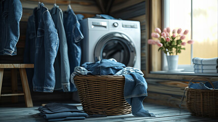 laundry in a washing machine, washing machine with full basket of denim and warm cloths at the apartment