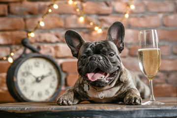 French Bulldog with champagne glass celebrating New Year's Eve