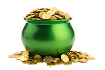 Large Green Pot with Gold Coins Isolated on transparent Background. St. Patrick's Day concept