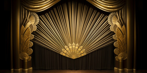A stage with a gold curtain and two candles,  brown wooden parquet floor texture.