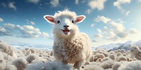 Cute Fluffy Little Sheep on Blue Sky Landscape Background. Cartoon Lamb - obrazy, fototapety, plakaty