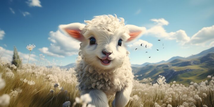 Cute Fluffy Little Sheep on Blue Sky Landscape Background. Cartoon Lamb