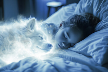 Child sleeps and is guarded by the ghost of her dead dog - obrazy, fototapety, plakaty