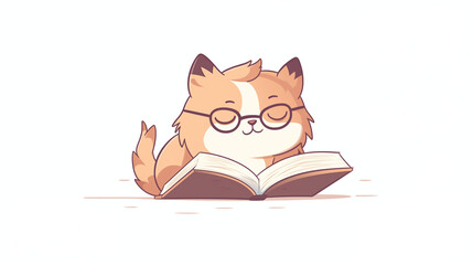 A sleepy cat in glasses, perched atop an open book water color, cartoon, hand drawing, animation 3D, vibrant, minimalist style. ai generated.