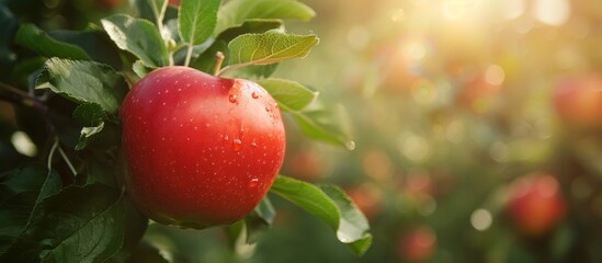Vibrant Red Apple Growing on Shallow DOF Tree