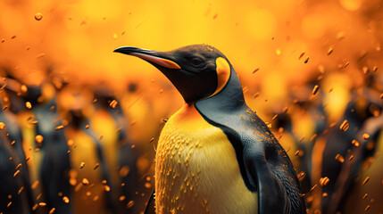 King Penguin Standing Out in the Crowd.A single king penguin stands prominently among a blurred gathering of its colony, showcasing its vivid orange and yellow plumage. - obrazy, fototapety, plakaty
