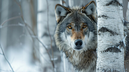 A vigilant wolf with piercing eyes, camouflaged against the snowy backdrop of a birch forest, exuding the serene intensity of the wild.