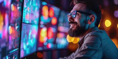 Obraz premium Close up shot of a smiling creative digital marketer, surrounded by glowing screens displaying successful e-commerce campaigns