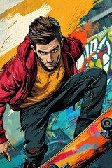 background template for social media and posters with the theme of a young man with a hip-hop style posing with his skateboard