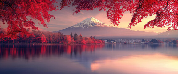 an image with a mountain and red autumn trees of japan - obrazy, fototapety, plakaty