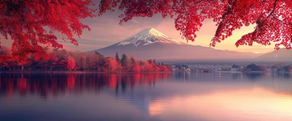 Fototapete Fuji an image with a mountain and red autumn trees of japan