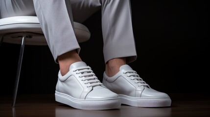 Female legs in white sneakers on a black background. Close-up. Generative AI