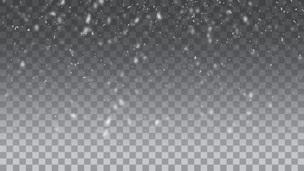 Snow gray transparent background. White falling snowflakes, abstract landscape. Cold weather effect. Magic nature fantasy snowfall decoration. Vector illustration