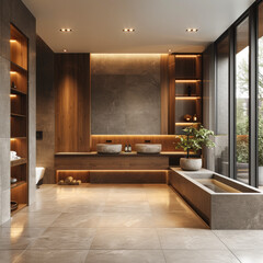 Luxurious bathroom interior with wooden elements and elegant fixtures.
