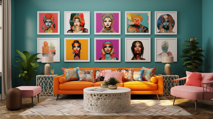 Colorful Pop Art Gallery Wall in a Chic Living Room Interior: Ideal for Modern Home Decor and Artistic Spaces